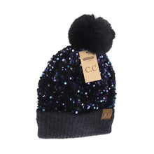 Load image into Gallery viewer, C.C Cluster Sequin Faux Fur Pom Beanie